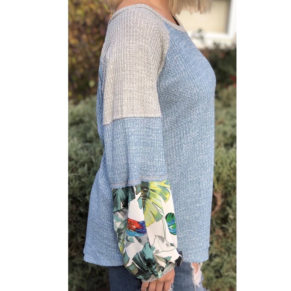 Cherish Waffle Knit Thermal Tropical Monstera Pattern Balloon Sleeve Raglan Top